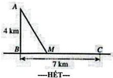 Sơ đồ minh họa vị trí hải đăng A cách bờ biển AB = 4 km, bờ biển BC = 7 km và vị trí M trên bờ biển