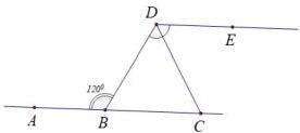 Hình vẽ tam giác BDC với AB // DE, góc ABD = 120° và ba điểm A, B, C thẳng hàng