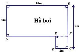Sơ đồ hồ bơi ABCDEFG với AB = 10m, BC = 7m, AG = 5m, CD = 2m