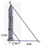 Hình vẽ minh họa tòa nhà AB với DE // BC, AE = 1,5m, EC = 21m, AD = 3,2m