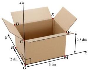 Thùng carton hình hộp chữ nhật trong hệ trục tọa độ Oxyz với các đỉnh O, A, B, C, D, E, F, kích thước đáy 2 dm × 3 dm, chiều cao 2,5 dm