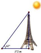 Minh họa tháp Eiffel với góc tạo bởi tia nắng mặt trời và mặt đất là 62° và bóng tháp trên mặt đất là 172m