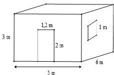 căn phòng hình hộp chữ nhật kích thước 5 m x 6 m x 3 m với cửa ra vào 1,2 m x 2 m và cửa sổ hình vuông cạnh 1 m