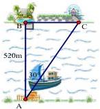 Sơ đồ khúc sông với bến A, khách sạn B, bến C và góc lệch 30 độ