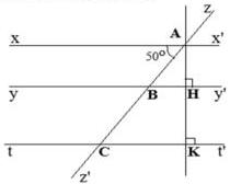Hình vẽ bài 4 với các đường thẳng xx', yy', tt', điểm A, B, C, H, K và góc 50°