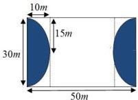 Sơ đồ sân chơi hình chữ nhật 50m x 30m với hai phần tô đậm màu xanh là hai hình bán nguyệt bán kính 15m