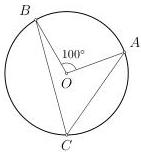 Hình tròn tâm $O$ với các điểm $A$, $B$, $C$ và $\widehat{AOB}=100^\circ$