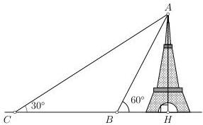 Hình minh họa tòa tháp AH với các điểm quan sát C và B, góc $\widehat{ACH}=30^{\circ}$ và $\widehat{ABH}=60^{\circ}$