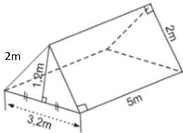 Hình vẽ lều trại hè dạng lăng trụ đứng tam giác với các số liệu 2m, 1,2m, 3,2m, 5m