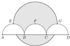 Hình vẽ ba nửa đường tròn đường kính AB, BC, CD và đường tròn tâm F bán kính 2, miền tô đậm bên trong đường tròn tâm F và bên ngoài ba nửa đường tròn