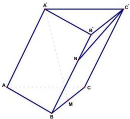 Hình lăng trụ ABC.A'B'C' với các điểm M, N