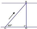 Sơ đồ khúc sông với đường đi DB tạo với bờ góc 55° và chiều rộng BH vuông góc với bờ