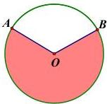 Bồn cây hình tròn tâm O với hai bán kính OA, OB tạo thành góc $\widehat{AOB}=120^\circ$, phần tô màu hồng là phần lớn của hình tròn