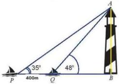 Sơ đồ tháp hải đăng AB với hai tàu P, Q cách nhau 400m và các góc nhìn 35° và 48°