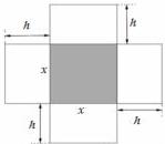 Hình vẽ mảnh bìa các tông với đáy hình vuông cạnh x ở giữa và các phần chiều cao h xung quanh