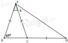 Hình vẽ tam giác ABD với điểm C trên đoạn BD, AB = AC = CD, góc ABC bằng 65° và góc CAD bằng x