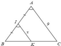 Hình 8 tam giác ABC với điểm I trên AB, điểm K trên BC, IK = x, AC = 9