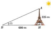 Minh họa tháp Eiffel cao 325m với bóng trên mặt đất dài 600m và góc $\alpha$