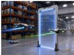 Kho hàng tự động với cổng quét mã và hai thiết bị bay FlyScan-1, FlyScan-2