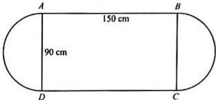 Hình vẽ mặt bàn gồm hình chữ nhật ABCD và hai nửa hình tròn đường kính AD và BC, AB = 150 cm, AD = 90 cm