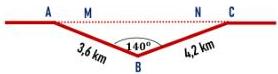 Sơ đồ đường gấp khúc ABC với AB = 3,6 km, BC = 4,2 km, góc ABC = 140° và các điểm M, N trên đoạn AC
