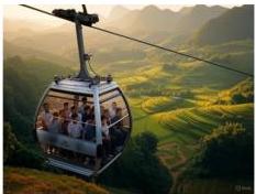 Cabin cáp treo di chuyển trên đường cáp giữa đồi núi