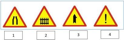 Bốn biển báo giao thông hình tam giác có viền đỏ nền vàng được đánh số 1, 2, 3, 4