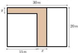 Sơ đồ khu vườn hình chữ nhật với lối đi tô đậm có kích thước 30m, 20m, 15m, x, y