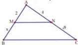 hình tam giác ABC với MN song song BC, AM = 2, AN = 4, MB = x, NC = \sqrt{7}
