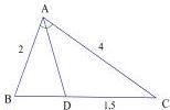 hình tam giác ABC với AD là đường phân giác, AB = 2, AC = 4, CD = 1,5